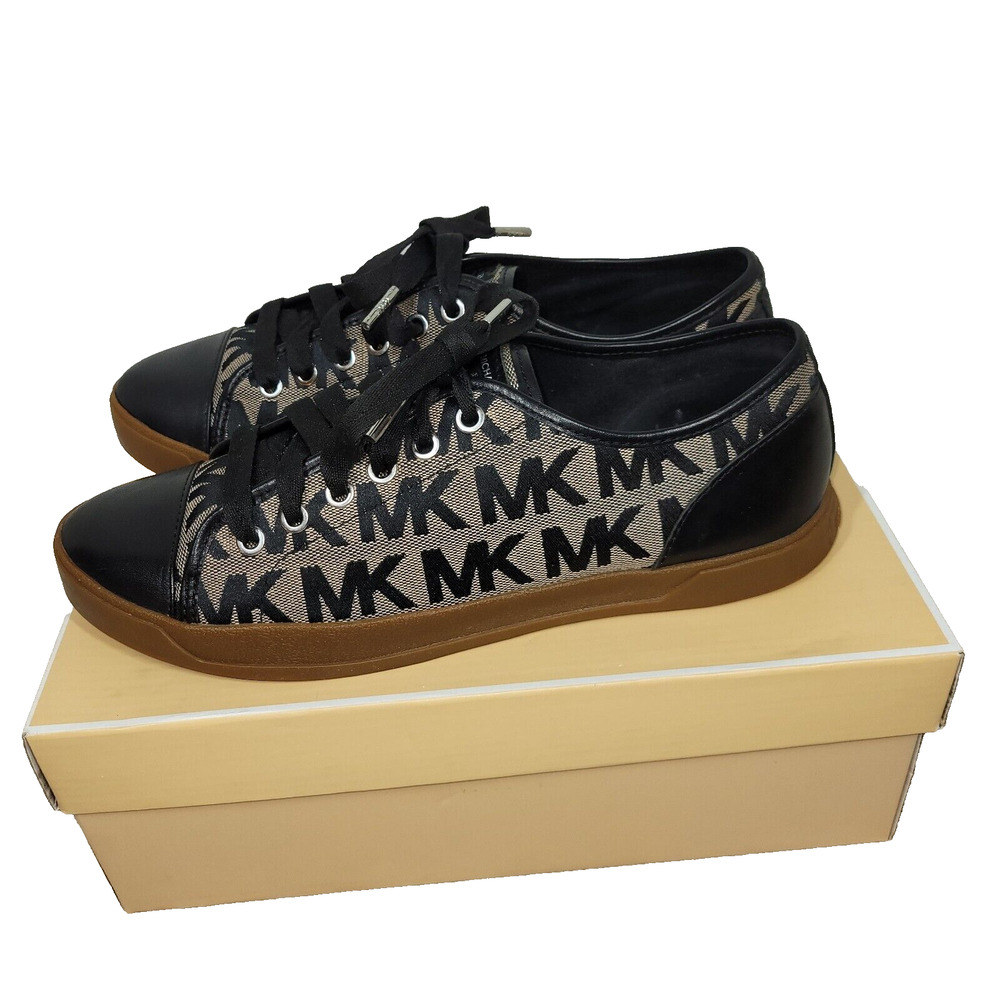 Michael Kors Shoes Size 10 Womens Black Tan MK Signature Logo Lace Up Sneakers
